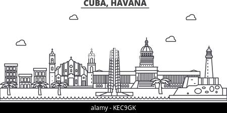 Cuba, La Habana architettura skyline di linea illustrazione. vettore lineare cityscape con famosi punti di riferimento della città, icone del design. paesaggio all corse modificabile Illustrazione Vettoriale