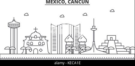 Messico, Cancun architettura skyline di linea illustrazione. vettore lineare cityscape con famosi punti di riferimento della città, icone del design. paesaggio all corse modificabile Illustrazione Vettoriale