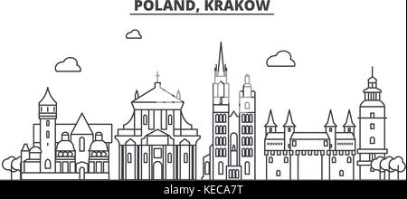 La Polonia, Cracovia architettura skyline di linea illustrazione. vettore lineare cityscape con famosi punti di riferimento della città, icone del design. paesaggio all corse modificabile Illustrazione Vettoriale