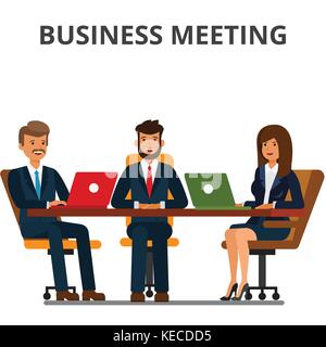 Business meeting. imprenditori e imprenditrice sedersi al tavolo. team lavorano insieme, discussione, interviste, negoziati. in stile appartamento illustrazione vettore isolato su sfondo bianco. Illustrazione Vettoriale