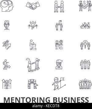 Il mentoring business, il mentor coaching, linee guida aziendali, treno, guida, gioco di squadra le icone della linea. corse modificabile. design piatto illustrazione vettoriale il concetto di simbolo. segni lineare isolato Illustrazione Vettoriale