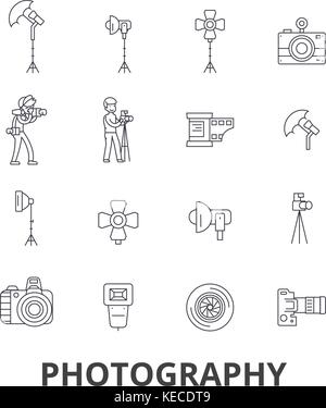 Fotografia, fotografo, fotocamera, foto studio, telaio, obiettivo della fotocamera, linea di polaroid icone corse modificabile. design piatto illustrazione vettoriale il concetto di simbolo. segni lineare isolato Illustrazione Vettoriale