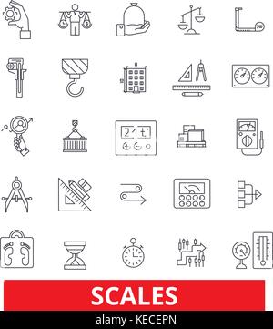 Scale, calibrazione, proporzione, pesi, equilibrio, misurare, preventivo, registrare le icone della linea. corse modificabile. design piatto illustrazione vettoriale il concetto di simbolo. segni lineare isolato su sfondo bianco Illustrazione Vettoriale