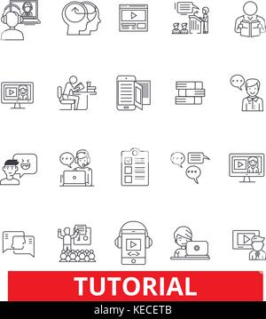 Tutorial, apprendimento, aiuto, guida,formazione,mostra,l'e-learning, webinar, libri le icone della linea. corse modificabile. design piatto illustrazione vettoriale il concetto di simbolo. segni lineare isolato su sfondo bianco Illustrazione Vettoriale