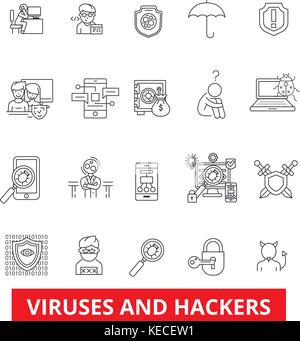 Virus e hacker. hacking, sicurezza criminalità informatica, malware, spyware le icone della linea. corse modificabile. design piatto illustrazione vettoriale il concetto di simbolo. segni lineare isolato su sfondo bianco Illustrazione Vettoriale