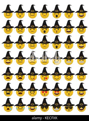 Set di caratteri Emoji Witch Halloween emoticon facce di caratteri. Illustrazione Vettoriale