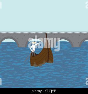 Boatman galleggia sull'acqua Venezia Italia antico ponte sullo sfondo Illustrazione Vettoriale