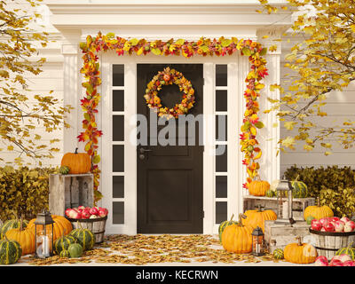 Autunno casa decorata con zucche e fieno. Il rendering 3D Foto Stock