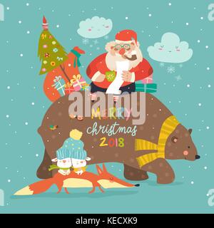 Babbo Natale a cavallo sul retro di orso amichevole Illustrazione Vettoriale