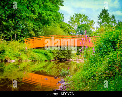 Ponte di legno che coprono oltre il fiume Colmont nella Mayenne in estate, Francia Foto Stock