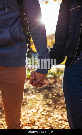 Closeup colpo di un uomo e di una donna tenendo le mani con Sun in background. Foto Stock