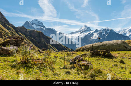 Escursionista su una roccia, neve coperta Eiger parete nord, Eiger, Mönch, Jungfrau, Großes Fiescherhorn, Grindelwald, Berna, Svizzera Foto Stock