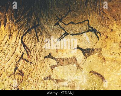 La vernice di umana a caccia di cervi, mammoth e renne. storico di carbonio nero arte astratta nella grotta di pietra arenaria in condizioni di luce scarsa. ritrovamenti di epoca preistorica Foto Stock