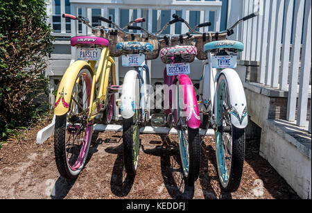 Colorato per donna di biciclette in Beaufort, Carolina del Nord, sulla costa di cristallo. Bike targhe: Prezzemolo, la salvia, il rosmarino e il timo. Foto Stock