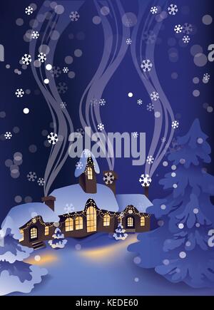 Inverno nevoso notte tranquilla nel villaggio di Natale. Illustrazione Vettoriale