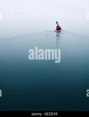 Blu acqua calma nel fiume di Port Fairy, una solitaria kayaker Piastre non applicate nella distanza Foto Stock