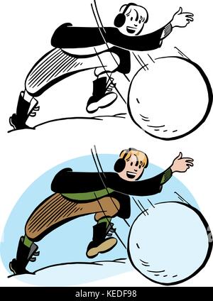 Un ragazzo in abiti invernali getta una palla di neve Illustrazione Vettoriale