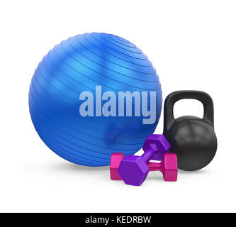 Sfera di fitness, pesi e Kettlebell isolato Foto Stock