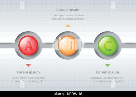 Tre temi di colori in 3d cerchi di marmo nella timeline intagliano il modello bianco per la presentazione del sito web coperchio vettore poster infografico design Illustrazione Vettoriale