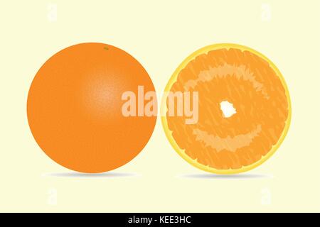 Intero e uno fette di colore arancione su sfondo chiaro Illustrazione Vettoriale