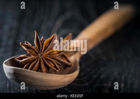 Anice stellato semi in un cucchiaio di legno su un backgrond scuro Foto Stock