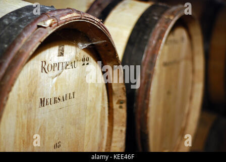 Barili di vino la stagionatura in cantine di Ropiteau Freres in Meursault, Borgogna Foto Stock