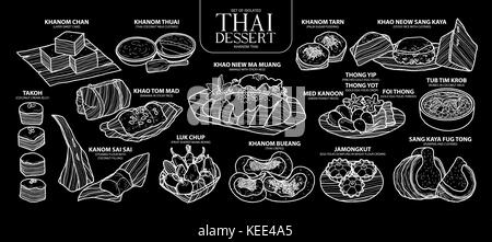 Set di isolato di Thai dessert in 14 menu. carino disegnato a mano cibo illustrazione vettoriale nel profilo bianco su sfondo nero. Illustrazione Vettoriale
