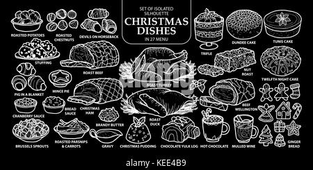 Set di isolato di stile inglese tradizionale Natale piatti in 27 menu. carino disegnato a mano cibo illustrazione vettoriale nel profilo bianco su sfondo nero. Illustrazione Vettoriale