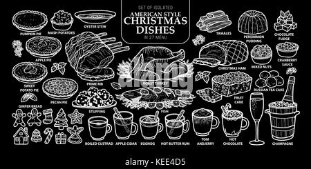 Impostare isolate di stile americano tradizionale Natale piatti in 27 menu. carino disegnato a mano cibo illustrazione vettoriale nel profilo bianco su sfondo nero. Illustrazione Vettoriale