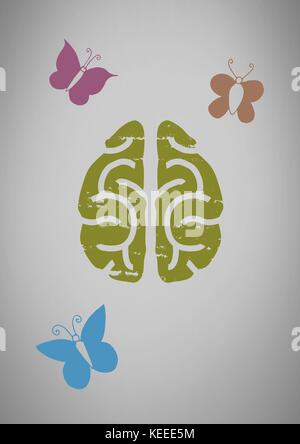 Digital composito di uno sfondo grigio con il cervello e le illustrazioni a farfalla Foto Stock