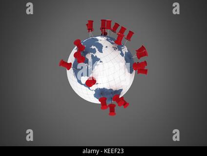 Digital composito di uno sfondo grigio con globo mondo con perni di posizione Foto Stock