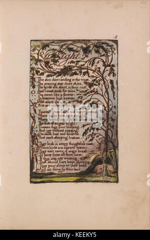 Questa illustrazione di William Blake è tratta da *Songs of Innocence and of Experience*, placca 18, intitolata *Night*. L'immagine ritrae una rappresentazione simbolica della notte, mescolando lo stile visionario distintivo di Blake con temi di innocenza ed esperienza. Foto Stock