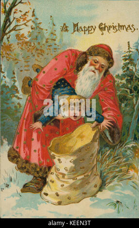 Cartolina di Natale con illustrazione di Babbo Natale il tentativo di inserire il bambino spaventato nel sacco, con un Felice Natale Foto Stock
