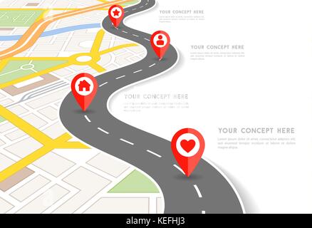 Infografico vettore con una tortuosa strada che separa lo spazio vuoto da una prospettiva mappa della città con i marcatori rossi e icone arrotondato. Illustrazione Vettoriale