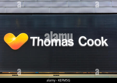 Thomas Cook shop segno, il logo del marchio della agenzia di viaggi e tour operator, Westfield Stratford, Londra Foto Stock