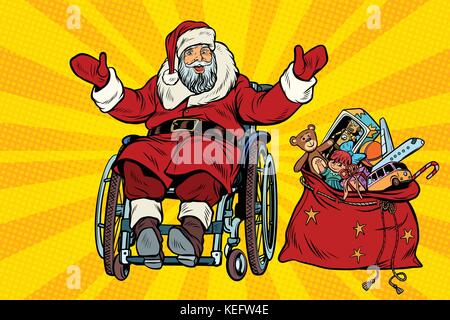 Disabilitato santa claus è in una sedia a rotelle e i regali di natale Illustrazione Vettoriale