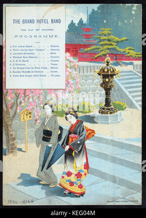 Una fotografia storica di una cena organizzata dal Grand Hotel di Yokohama, in Giappone. L'evento fa parte della storia sociale e culturale dell'hotel, catturando un momento di ristorazione di lusso all'inizio del XX secolo. Foto Stock