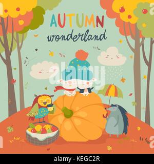 Ciao autunno sfondo con simpatici animali Illustrazione Vettoriale