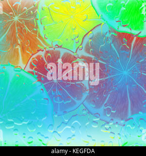 Sfondo colorato di una pila di fette di agrumi sotto l'acqua Foto Stock