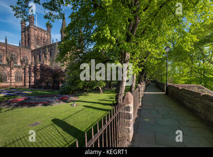 Chester Cathedral e le mura della città di Chester, Cheshire, Inghilterra, Regno Unito Foto Stock