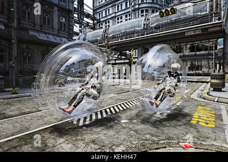 Donne futuristiche che cavalcano in trasporti trasparenti Foto Stock