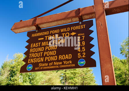 Sentiero in legno segno, Hammond Pond bosco selvatico, nello Stato di New York, Stati Uniti d'America. Foto Stock