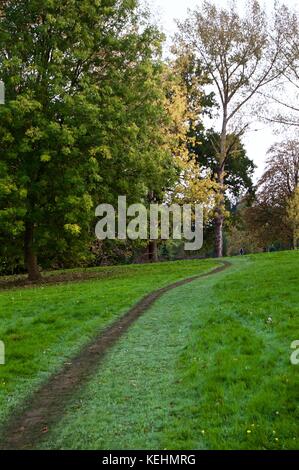 L uomo nella distanza a piedi attraverso il parco gadebridge, hemel hempstead, autunno Foto Stock