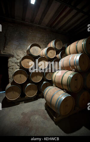 Vino Rioja in botti di rovere americane in grotta a Bodegas agricola Bastida in Rioja-Alavesa zona dei Paesi Baschi, Spagna Foto Stock