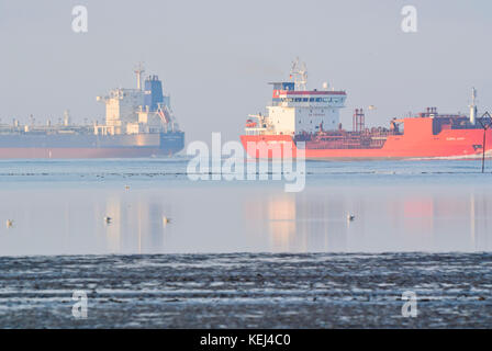 Le navi portacontainer al fiume Elba bocca vicino a Cuxhaven, Germania Foto Stock