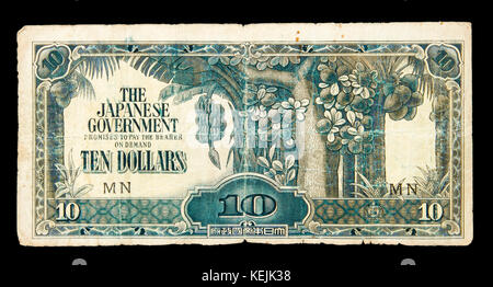 Vintage II Guerra Mondiale dieci dollari: la malese banconote emesse dal governo giapponese, meglio noto come "l'invasione giapponese denaro" (1942-44) Foto Stock