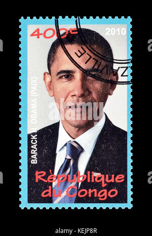 Francobollo cancellato stampato dalla Congo, che mostra Barack Obamma, circa 2010. Foto Stock