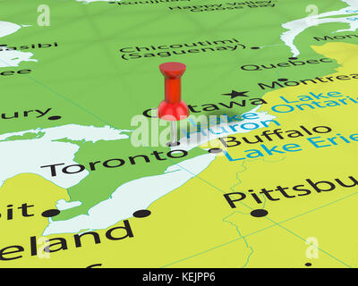 Pushpin sullo sfondo della mappa di Toronto. illustrazione 3d. Foto Stock