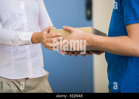 Close-up della donna ha ricevuto il pacco da uomo di consegna Foto Stock