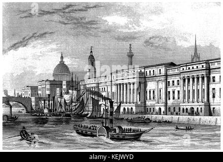 1853 incisione di Custom House sul Fiume Tamigi nella città di Londra. Foto Stock